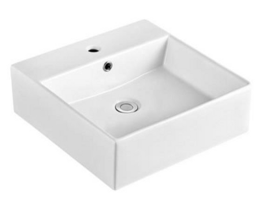 Above Counter Basin MG-7063 with a square design in glossy white ceramic, tap hole, and 32mm waste opening.