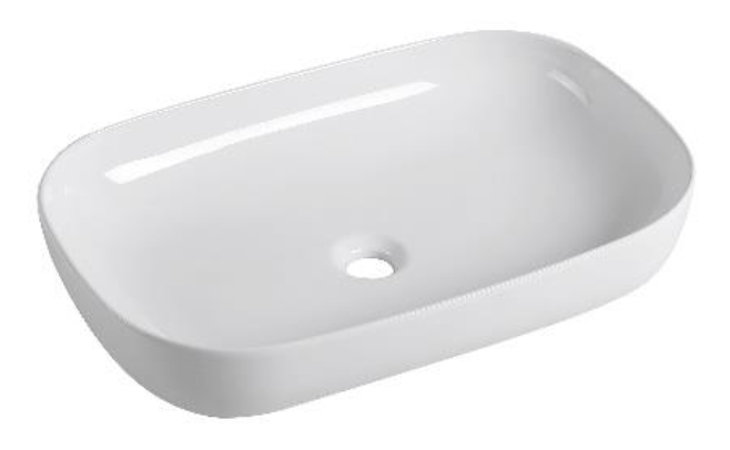 Above Counter Basin MG-7114, rectangular ceramic sink in glossy white, dimensions 600 x 400 x 130 mm, 32mm waste opening, with 1 tap hole for modern bathrooms.