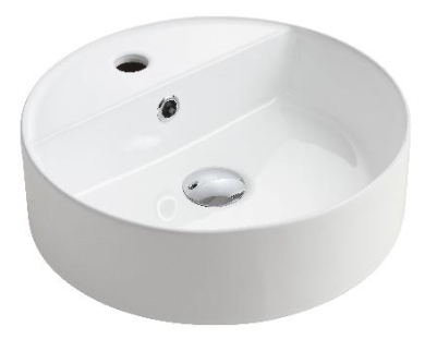 Above Counter Basin MG-7128B in glossy white ceramic with a round design, tap hole, and 32mm waste opening.