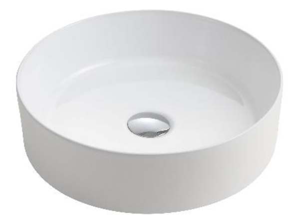 Above Counter Basin MG-7128 in glossy white ceramic with a round design and 32mm waste opening.