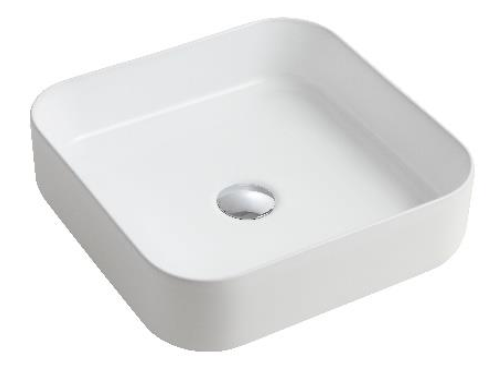 Above Counter Basin MG-7129 in glossy white ceramic with a square design and 32mm waste opening.