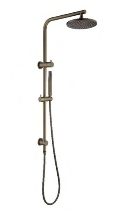 Antique Brass Dual Shower with Diverter ABB-305 featuring a 200mm showerhead, solid brass rail, and water inlet from top bracket for modern bathroom installations.