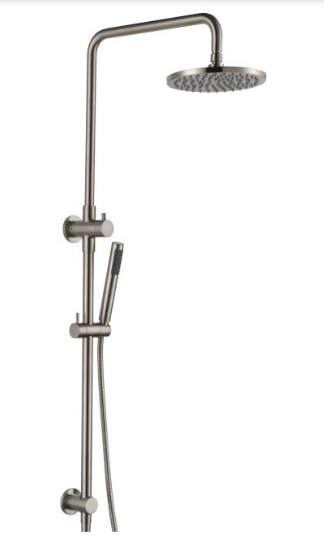 BNB-305 Brushed Nickel Dual Shower with Diverter, featuring a 200mm showerhead and solid brass rail, water inlet from top bracket, 9L/min, WELS 3 Star.