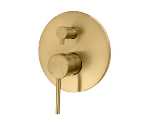 DGA-70D Brushed Gold Wall Mixer with Diverter – Sleek and modern bathroom fixture with a 35mm cartridge, Ø 160mm cover plate, and built-in diverter for controlling water flow.