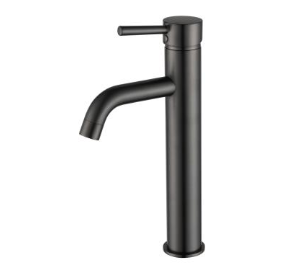 Gunmetal Tall Basin Mixer (Model: UNA-70Q) – 319mm tall with a 5L/min flow rate, perfect for modern bathroom installations.