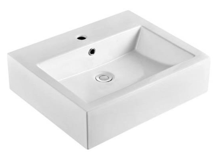 Rectangular Above Counter Basin MG-7005A, glossy white ceramic, dimensions 560 x 450 x 160 mm with a 32mm waste opening and 1 tap hole for modern bathrooms.