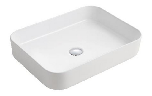 Rectangular Above Counter Basin MG-7130 with glossy white ceramic finish, measuring 550 x 410 x 120 mm, designed for modern bathroom installations.