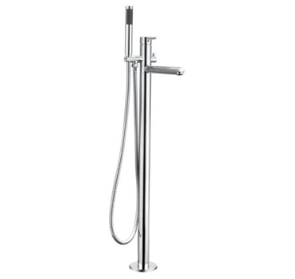 TFM-257 Round Floor Mixer Set – Chrome floor-mounted mixer set with swivel spout and hand shower for modern bathrooms.