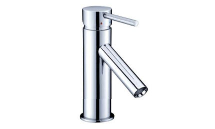 TK70B Round Basin Mixer – Chrome deck-mounted mixer with angular spout for modern bathrooms.