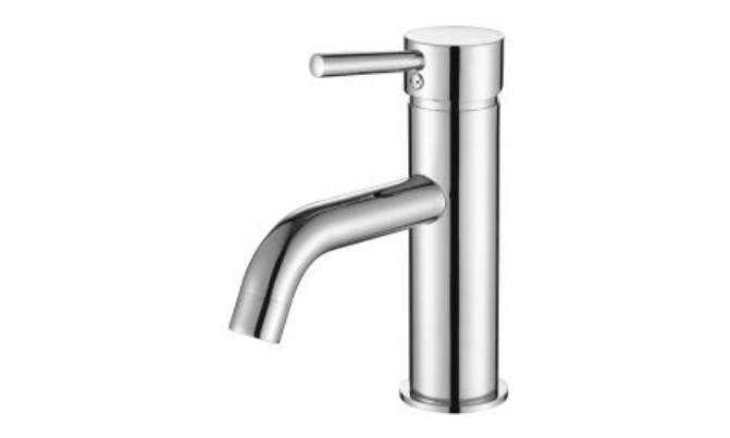 TK70E Round Basin Mixer – Chrome deck-mounted mixer with curved spout for modern bathrooms.