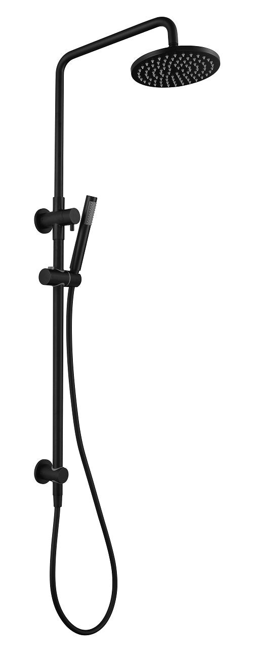 Black Round Shower Unit with Diverter – 200mm Showerhead, Brass Rail with Top Bracket Water Inlet, WELS 3 Star Rating