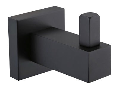 Black Square Robe Hook, solid brass material, matte black finish, square design for modern bathrooms.