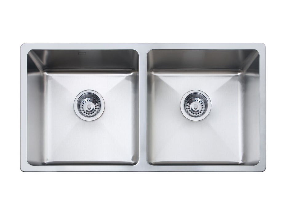 Square Undermount Sink BD-7440R with polished stainless steel finish and two spacious bowls.